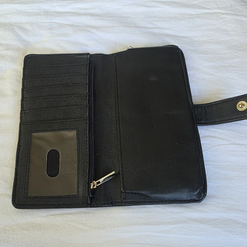 Black Faux Leather Bi Fold Wallet with Gold Snap Accent